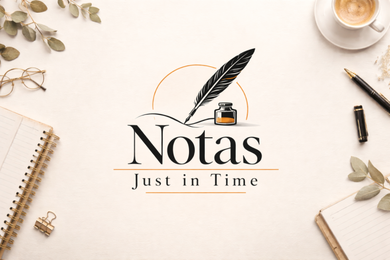Logo de Notas con pluma y frasco de tinta, acompañado de una taza de café y cuadernos sobre una superficie clara.